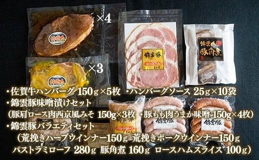 佐賀牛ハンバーグ・錦雲豚味噌漬けセット・錦雲豚バラエティセット ／ 牛肉 豚肉 ブランド牛 ブランド豚 みそ漬け ロース モモ ウインナー パストラミローフ ハム ジューシー 福岡県 特産　EZ010