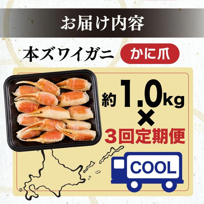 訳あり 冷凍 ボイル ずわいがに 爪 1kg ズワイガニ【定期便3回お届け】 年末年始 お歳暮 正月 ギフト 2025