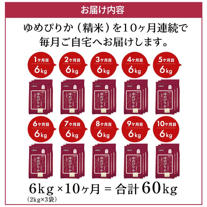 10ヵ月 定期便 ホクレンゆめぴりか（精米6kg（2kg×3袋）)※チャック付袋 お米 米 ごはん 精米 白米 国産 北海道 こめ コメ [JA新おたる]