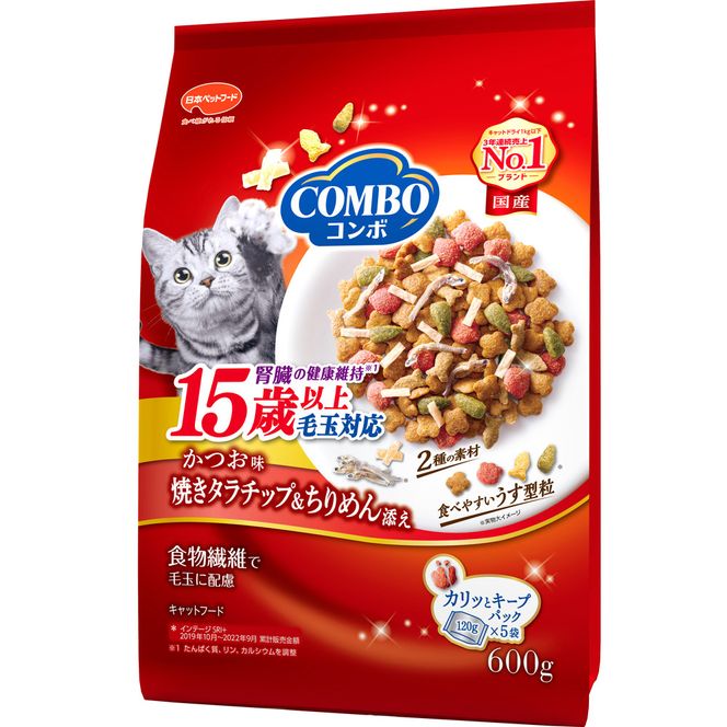 コンボ キャット 毛玉対応15歳以上 かつお味・焼きタラチップ・ちりめん添え 600g ｘ12(ケース単位) キャットフード