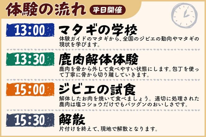 【平日実施・事前予約制】鹿肉解体体験チケット 1枚(1組3名まで) 秋田県北秋田市 ジビエ［レターパック］ [東北 秋田県 体験 ジビエ 珍しい体験 解体 鹿 マタギ 体験 北秋田市]|kmkk-010101
