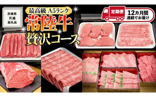 【 豪華 12回 定期便 】 最高級 A5ランク 常陸牛 贅沢コース ( 茨城県共通返礼品 ) 高級 国産 お肉 肉 ブランド牛 希少部位 ヒレ サーロイン ロース もも 焼肉 BBQ ステーキ しゃぶしゃぶ すき焼き[BM054us]