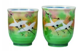 九谷焼　 組湯呑　金箔花群鶴　山田登陽志作　a03 172111_CY2096