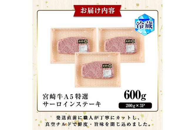 新鮮チルド便 宮崎牛 A5 特選 サーロイン ステーキ(計600g・200g×3P) 和牛 BBQ アウトドア キャンプ 小分け パック 冷蔵 真空パック ブランド牛 ランク パーティー ご褒美 おかず【OT-06】【KNOT合同会社】