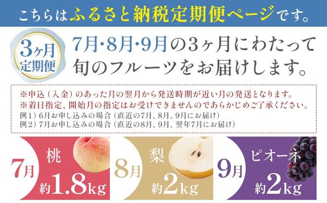 紀州 和歌山県産 旬の フルーツ セット 3ヶ月定期便 7月・8月・9月配送 桃 約1.8kg 梨 約2kg ピオーネ 約2kg 株式会社魚鶴商店《7月中旬-9月下旬頃出荷》和歌山県 日高川町 もも なし ぶどう 定期便 果物 旬---wshg_uot105tei_26_53000_789y3---