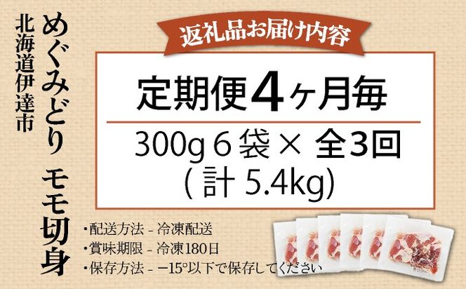 定期便 4ヵ月毎 全3回 北海道産 めぐみどり モモ 切身 300g 6袋 各1.8kg 鶏もも 鶏モモ もも 鶏肉 チキン 銘柄鶏 肉 冷凍 小分け 便利 時短 唐揚 焼鳥 鍋 ソテー プライフーズ 送料無料 伊達
