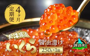 【定期便 4ヶ月連続】北海道産 いくら醤油漬け 250g ×1箱 小分け 国産 いくら いくら醤油漬 しょう油 しょうゆ イクラ ikura 小分け 天然 鮭 鮭卵 鮭いくら 魚卵 冷凍 定期便 4回 魚介類 海鮮 絶品 人気 一人暮らし おかず 笹谷商店 直営 釧之助本店 せんのすけ 高級 ギフト 贈答用 贈答品 100000以上 海鮮定期便 北海道 釧路町 釧路超 特産品 br04
