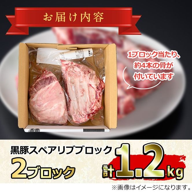 【0155112a】サクラ農場の鹿児島黒豚！スペアリブブロック(2ブロック・計約1.2kg) 国産 黒豚 豚肉 ぶた肉 短鼻豚 冷凍 冷凍配送【鹿児島ますや】