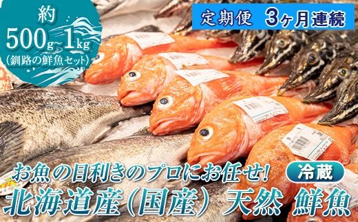 【定期便 3ケ月連続】 お魚の目利きのプロにお任せ！北海道産（国産） 天然 鮮魚 約500g～1kg（釧路の鮮魚セット） 産地直送 冷蔵 冷蔵便 刺身 セット 鮮魚セット 鮮魚ボックス 定期便 魚介類 海鮮 絶品 人気 ヒロセ 北海道 釧路町 釧路超 特産品　121-1262-142-008