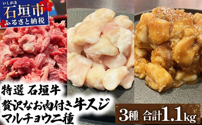 特選石垣牛の牛スジとマルチョウ、秘伝の味噌味をご家庭で!!牛スジ500g、マルチョウ300g、味噌味マルチョウ300gのよくばりセット