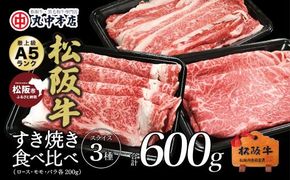 松阪牛 食べ比べスライス3種セット600g<松阪牛黒毛和牛専門店　丸中本店> ロース バラ モモ 牛肉 すき焼き肉 鉄板焼肉 焼きしゃぶ【002364】