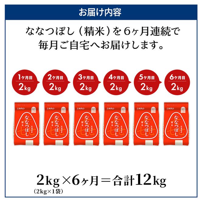 6ヵ月 定期便 (精米2kg)ホクレン喜ななつぼし(精米2kg×1袋)袋はチャック付 北海道米 お米 白米 ごはん ご飯 ライス 和食 炭水化物 主食 おにぎり お弁当 ほど良い粘り 豊かな甘み つややか セット 特A [JA新おたる] 