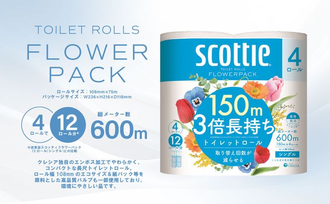 【定期便2回】【6ヶ月に1回お届け】【スコッティ】トイレットロール シングル フラワーパック 3倍長持ち 48ロール 合計96ロール 香りつき 日用品 生活必需品