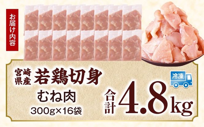 宮崎県産 若鶏切身 むね肉 4.8kg（300g×16袋）