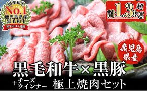 【鹿児島県産黒毛和牛・黒豚】お家でいただく極上 焼肉セット(チーズウインナー＆タレ付き)計1.3kg以上！ b5-202