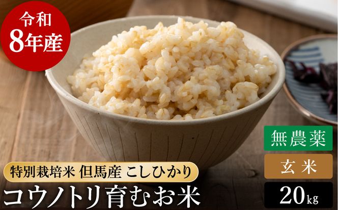 令和8年産 無農薬 玄米 20kg コウノトリ育むお米 但馬産 こしひかり 兵庫県産 (5kg×4袋) 無農薬 お米 20キロ 玄米 コウノトリ米 コシヒカリ 農薬不使用 特別栽培米 予約 コメ こめ ご飯 ライス 無農薬米