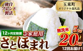 【12ヶ月定期便】熊本県産 さとほまれ 無洗米 ご家庭用 定期便 選べる 5kg 10kg 15kg 20kg 《申込み翌月から発送》熊本県 玉名郡 玉東町 米 こめ コメ ブレンド米 送料無料---gkt_sthmltei_5kg_174000_mo12---