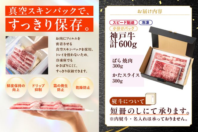 【神戸牛ばら焼肉300g 神戸牛かたスライス300g 計600gセット 冷凍】 最短翌日～4営業日以内発送 神戸牛 和牛 国産 牛肉 大人気 人気 ふるさと納税 返礼品 おすすめ ランキング 神戸 兵庫県 香美町 帝神志方ミート 93-06