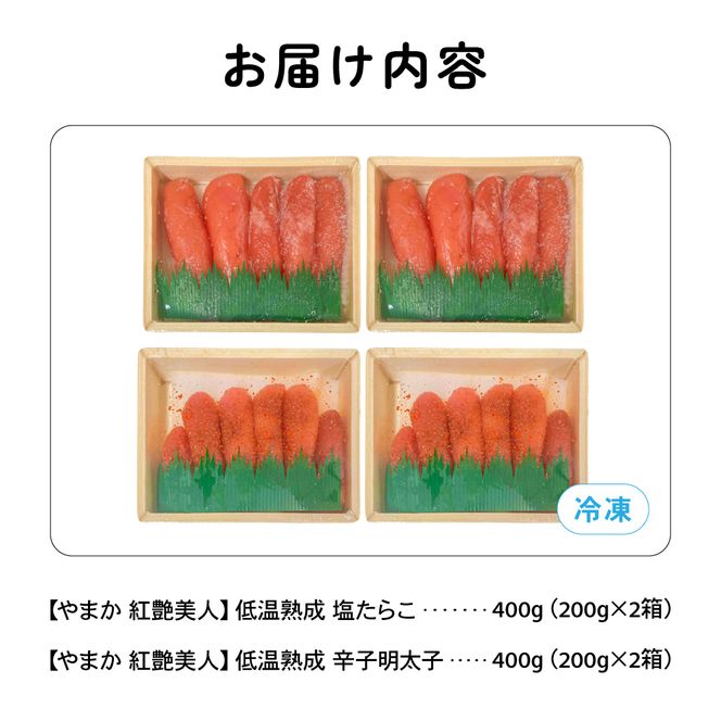 たらこ 低温熟成塩たらこ 辛子明太子 各200g×2 セット やまか 紅艶美人 タラコ めんたいこ 少量 小分け 海鮮 魚介 魚卵 ごはんのお供 人気 送料無料 北海道グルメ R005-042