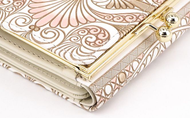 【文庫屋大関】三つ折りミニ財布　ロカイユ（ベビーピンク）【皮革工芸品】 ファッション 小物 民芸品 お札 カード 小銭 手のひらサイズ コンパクト 大人かわいい 牛革 手作り 国産 