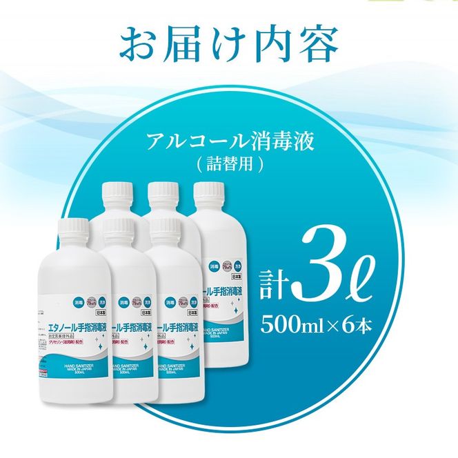 手指・皮膚の洗浄・消毒用 アルコール消毒液 500ｍl×6本（詰替)【cgiy0005】