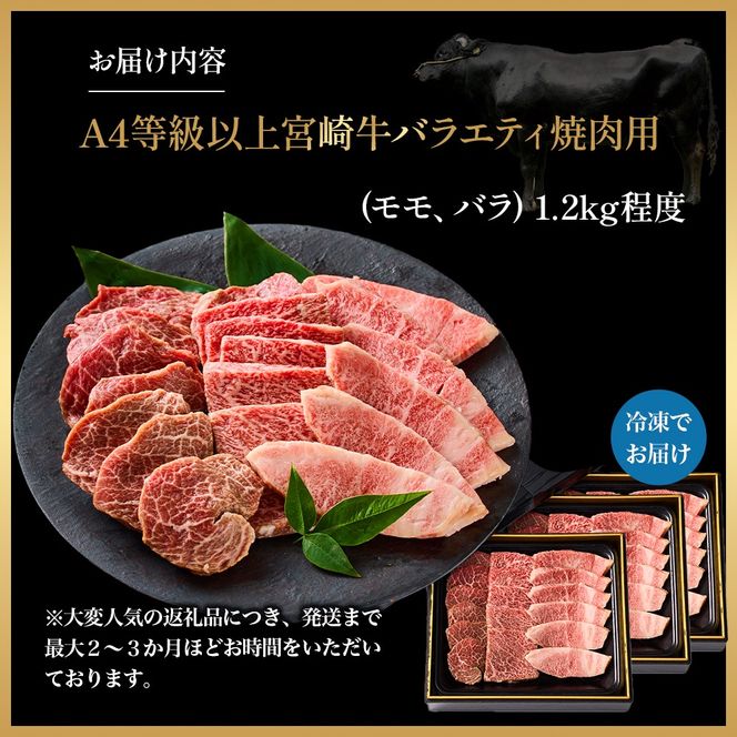 【西ノ原牧場直送】大人気！A4等級以上宮崎牛バラエティ焼肉用 1.2kg（国産 国産牛 肉 牛肉 宮崎牛 黒毛和牛 お肉 ロース 焼肉 内閣総理大臣賞4大会連続受賞 特別提供）