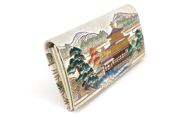 【文庫屋大関】スッキリ大人の財布　束入れ　浮世絵　金閣寺【皮革工芸品】 ファッション小物 手作業 手塗 