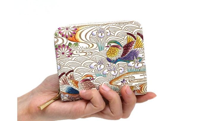 【文庫屋大関】二つ折りファスナーミニ財布 おしどり＜橙色＞【皮革工芸品】財布 二つ折り 小物 お札 カード 小銭 コンパクト 牛革 手作り 日本製 墨田区 東京都