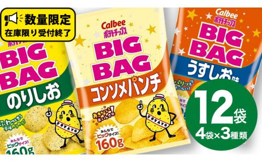 カルビー ポテトチップス BIGBAG 160g 3種 各4袋セット (計 12袋 ) うすしお のりしお コンソメパンチ ポテチ お菓子 おかし 大量 スナック