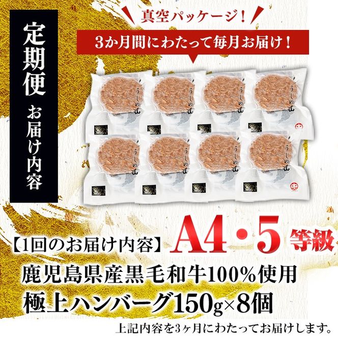 【定期便全3回】＜A4・A5等級＞鹿児島県産 黒毛和牛100%使用 極上ハンバーグ(150g×8個・全3回)  t0048-006