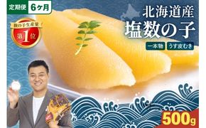 【6か月定期便】北海道産 塩数の子（うす皮むき）500g　1本物　お正月　人気　魚卵　高級　 おつまみ ご飯のお供 惣菜 おかず 珍味 海鮮 海産物 海の幸 魚介 魚介類 魚卵 加工品 北海道産 かずのこ カズノコ 塩カズノコ 株式会社やまか おせち　R001-058