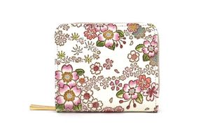 【文庫屋大関】二つ折りファスナーミニ財布 かすみ桜【皮革工芸品】財布 二つ折り 小物 お札 カード 小銭 コンパクト 牛革 手作り 日本製 墨田区 東京都