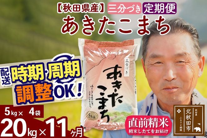 ※令和6年産 新米※《定期便11ヶ月》秋田県産 あきたこまち 20kg【3分づき】(5kg小分け袋) 2024年産 お届け時期選べる お届け周期調整可能 隔月に調整OK お米 おおもり|oomr-50811