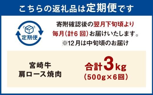 【6ヶ月定期便】＜宮崎牛肩ロース焼肉 500g（1パック：500g×6回）＞ お申込みの翌月下旬頃に第一回目発送（12月は中旬頃） 牛肉 お肉 肉 和牛 新生活応援 卒業祝い 就職祝い 入学 卒業 お花見 引越し【c1376_mc_x3】