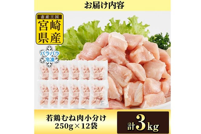＜先行予約受付中！2026年4月中に発送予定＞鶏肉 むね肉 小分け 個別凍結(計3kg 250g×12P) お肉 鳥肉 とり肉 鶏肉 若鶏 むね肉 国産 宮崎県産 唐揚げ から揚げ からあげ 冷凍 便利 【NK-20】【南九フーズ】