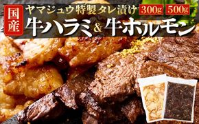 ヤマジュウの特選タレ漬け！牛ハラミ肉５００g＆国産牛ホルモン３００ｇ　yj065