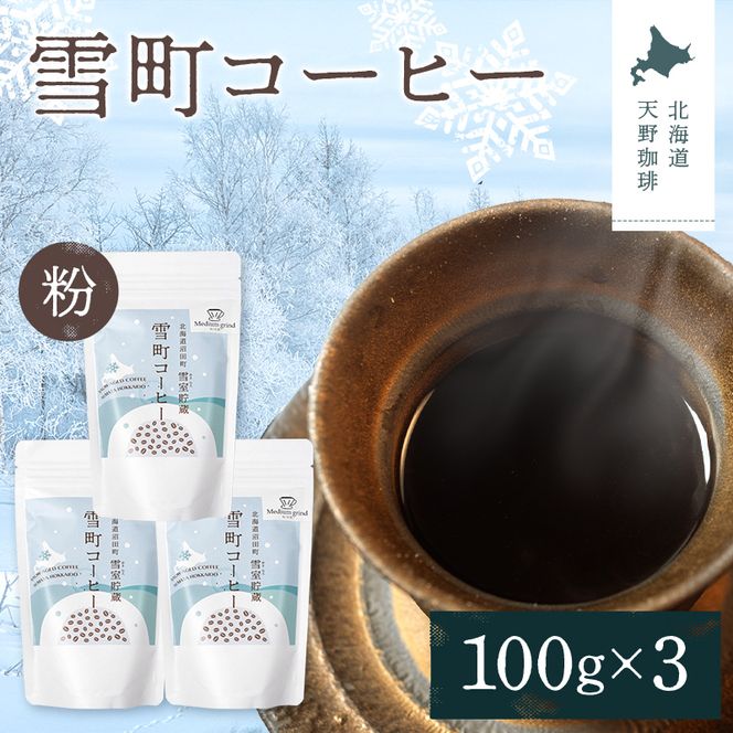 雪町コーヒー 粉（100g）3個セット 自家焙煎 低温貯蔵 エチオピア 北海道 沼田町 n-0125