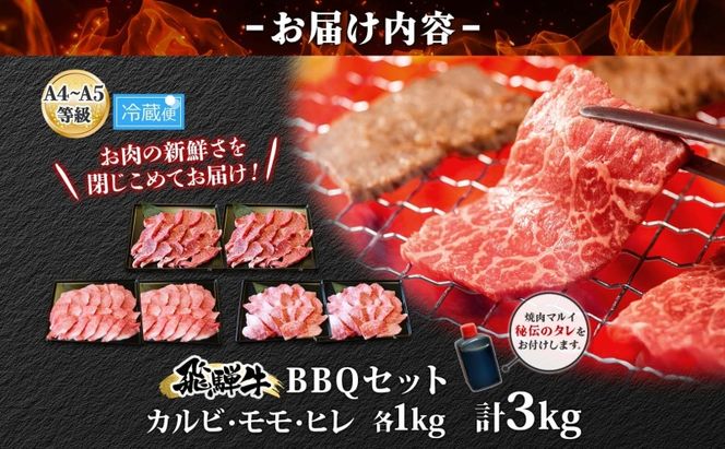 焼肉マルイ 飛騨牛BBQセット 約3kg  セット カルビ ヒレ肉 モモ肉 お肉 肉 お家で簡単 本格 国産 国産牛 牛 牛肉 和牛 秘伝のたれ タレ付き 焼くだけ簡単 お取り寄せグルメ 送料無料 岐阜県 安八町