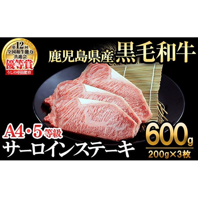 【数量限定】A4・5等級 鹿児島県産黒毛和牛うしの中山サーロインステーキ(計600g/200g×3枚) e0-053