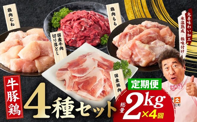 mrzZ087 【定期便】国産 牛豚鶏 4種セット 2kg×4回【氷温熟成×極味付け 牛肉 豚肉 鶏肉 もも むね 食べ比べ 普段使い 味付き 小分け 訳あり サイズ不揃い 毎月配送コース】