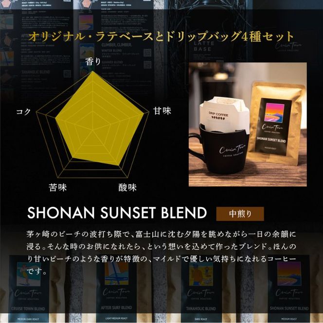 定期便 隔月 2回【茅ヶ崎のスペシャルティコーヒー専門ロースター】CRUISE TOWN COFFEE ROASTERS オリジナル・ラテベースとドリップバッグ4種セット 飲料 コーヒー豆 ナッツの香り 優しい酸味 コク 