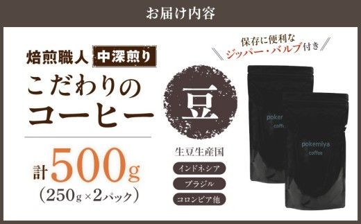 焙煎職人こだわりのコーヒー【豆】500g 小分けパック(ジッパー・バルブ付) ※中深煎り※ポスト投函_LC-3302_(都城市) 250g×2パック 少量パック ジッパー・バルブ付き 保存に便利 ポスト投函 珈琲 選べる コーヒー ブラジル コロンビア インドネシア 宮崎県 都城市