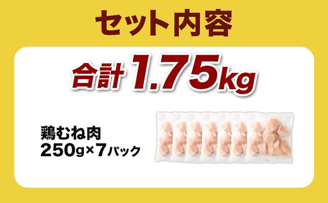 ＜宮崎県産若鶏ムネ切身IQF 1.75kg（250g×7袋）>翌月末迄に順次出荷【c1519_kf】 鶏肉 肉 お肉 ムネ むね肉 ムネ肉 若鶏 鶏むね肉 チキン 冷凍 九州産 国産 宮崎県 高鍋町