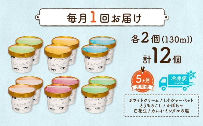 定期便 5ヵ月 連続 全5回 北海道 まきばのジェラート 6種 各2個 計12個 セット ジェラート ミルク 赤しそ カムイミンタルの塩 とうもろこし かぼちゃ 白花豆 アイスクリーム 保存料不使用 シャーベット アイス 牛乳 氷菓 