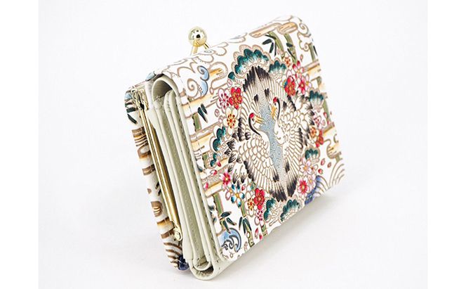 【文庫屋大関】三つ折りミニ財布　むかい鶴【皮革工芸品】 ファッション 小物 民芸品 お札 カード 小銭 手のひらサイズ コンパクト 亀甲文様 牛革 手作り 国産 