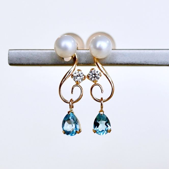 K10YG(10金) イエローゴールド ブルートパーズ パール ピアス 揺れる 保証書付 2066 242-051-c