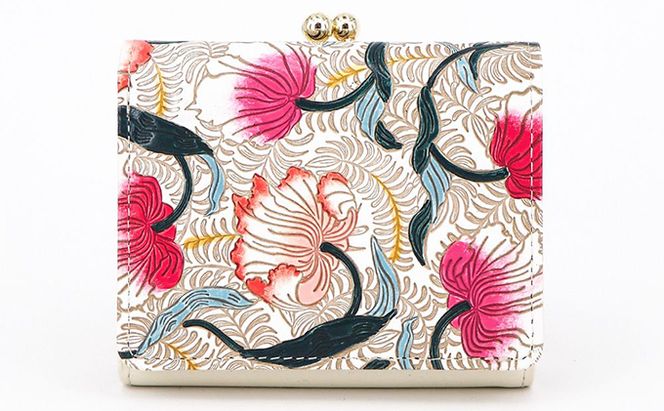 【文庫屋大関】三つ折りミニ財布　ノースガーデン（コーラル）【皮革工芸品】 ファッション 小物 民芸品 お札 カード 小銭 手のひらサイズ コンパクト 牛革 手作り 国産 