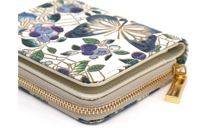 【文庫屋大関】二つ折りファスナーミニ財布 ブルーベリーは願う＜ネイビー＞【皮革工芸品】財布 二つ折り 小物 お札 カード 小銭 コンパクト 牛革 手作り 日本製 墨田区 東京都