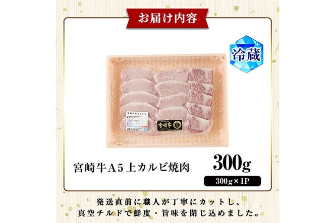 新鮮チルド便 宮崎牛 A5 上カルビ(300g) 焼肉 カルビ 焼肉 和牛 BBQ アウトドア キャンプ 小分け パック 真空パック ブランド牛 ランク パーティー ご褒美 おかず【OT-01】【KNOT合同会社】