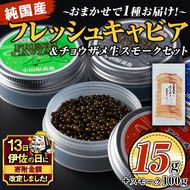 isa557 【伊佐の日・寄附額改定】〈毎月数量限定〉おまかせフレッシュキャビア(15g×1種)＆チョウザメスモーク(100g×1P)セット 国産 詰合せ 魚卵 白身 おつまみ 世界三大珍味 加工品 冷凍 冷凍便 セット【小田原養魚】